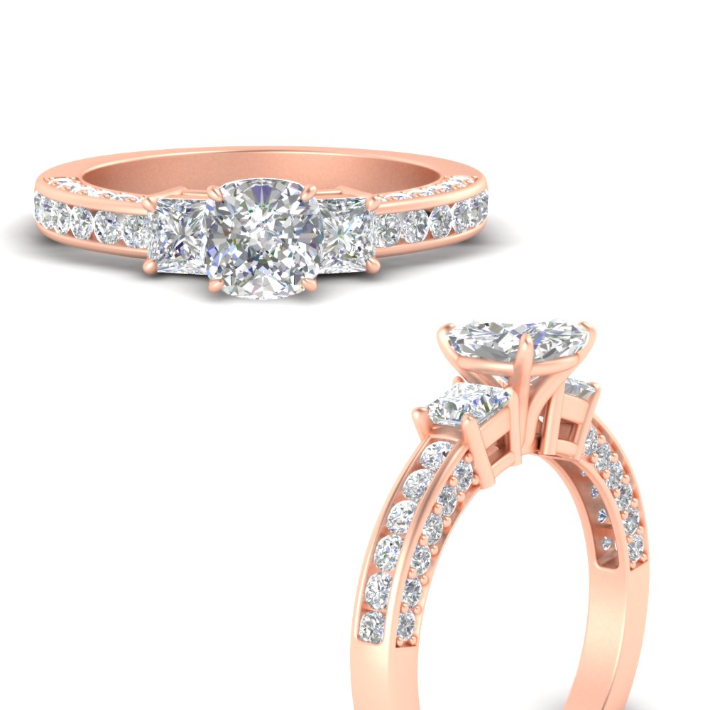 1.50 Ct. 3 Stone Pave And Channel Shank Ring with 14K Rose Gold White Diamond