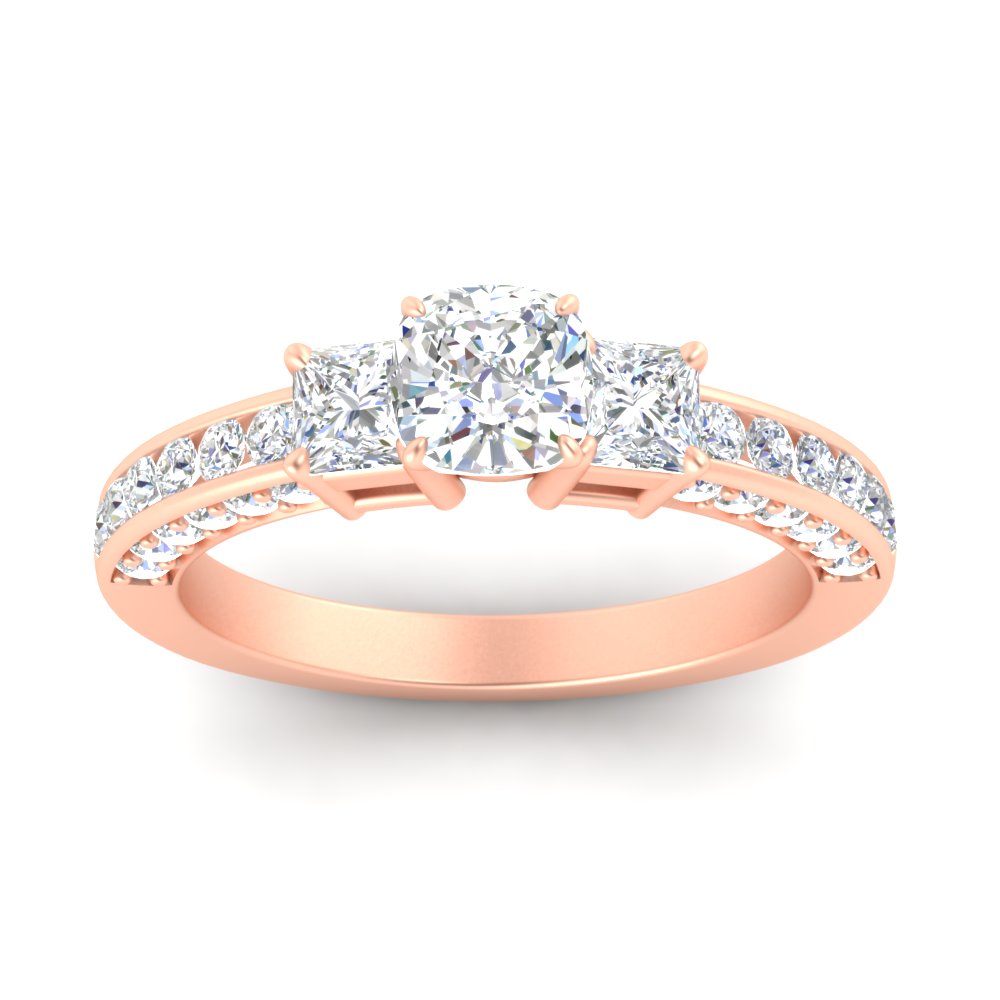 1.50 Ct. 3 Stone Pave And Channel Shank Ring with 14K Rose Gold White Diamond