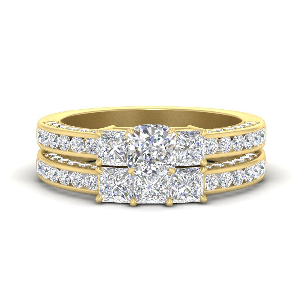 3 Carat Three Stone Big Wedding Set with 14K Yellow Gold White Diamond