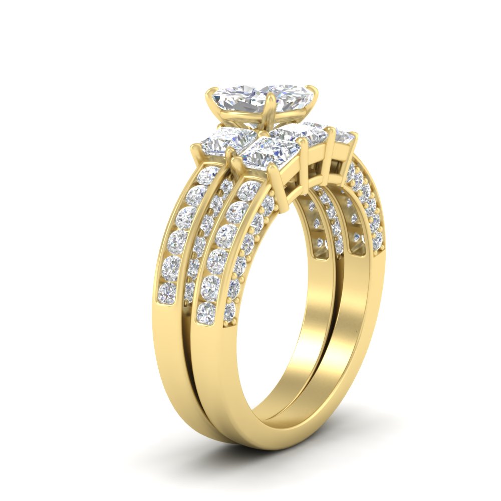 3 Carat Three Stone Big Wedding Set with 14K Yellow Gold White Diamond