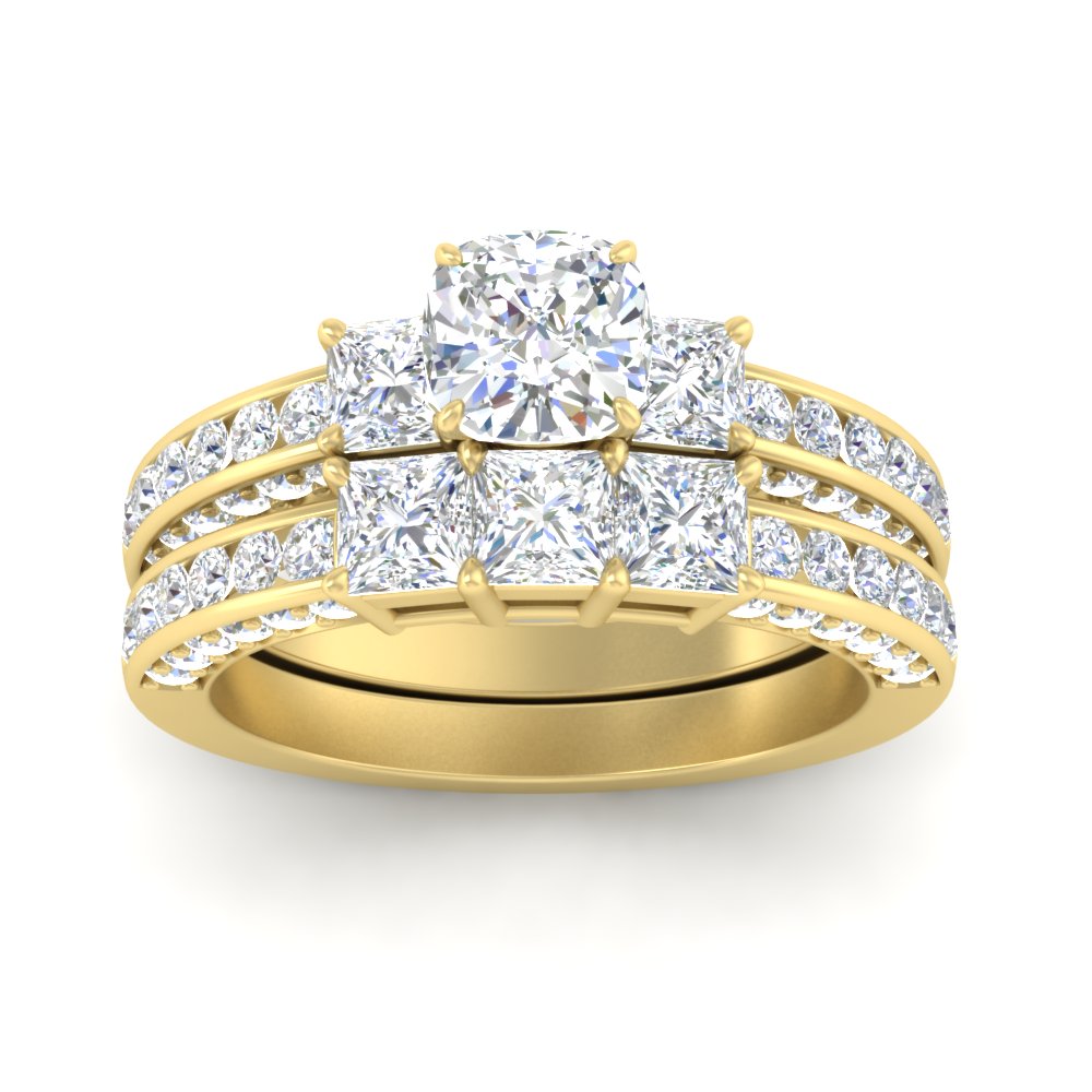 3 Carat Three Stone Big Wedding Set with 14K Yellow Gold White Diamond