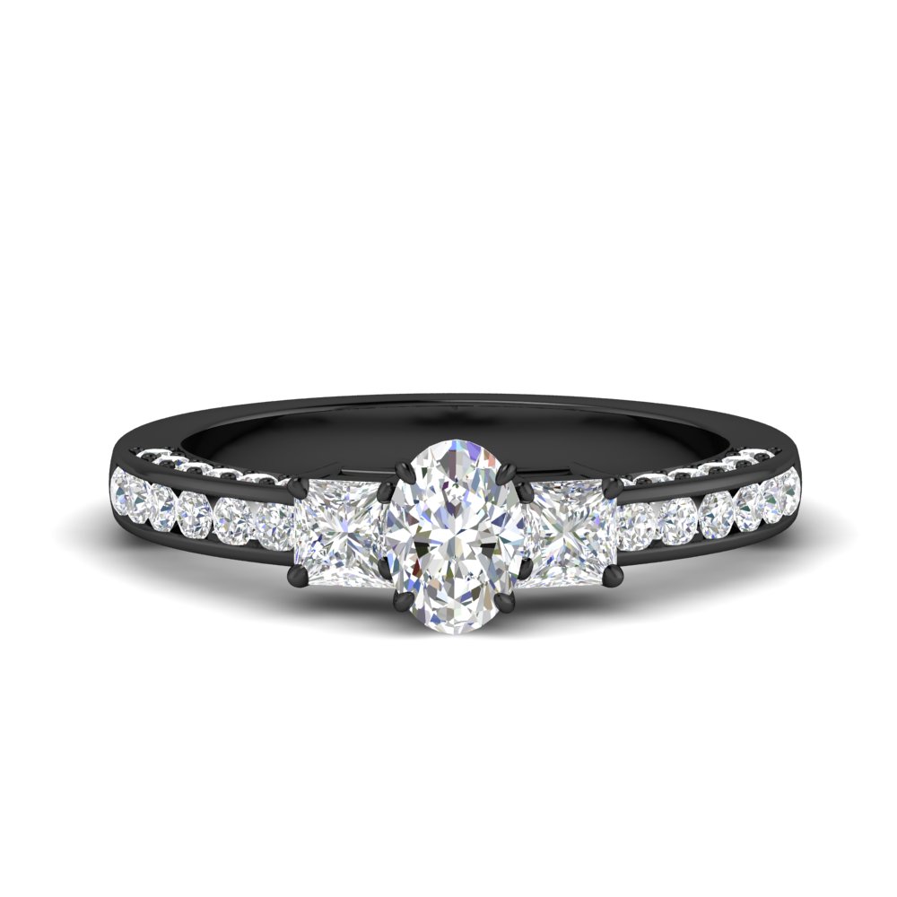 Oval Shaped Pave And Channel Side Stone Black Wedding Ring with White Diamond in 14K Black Gold