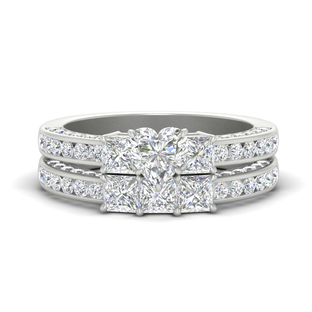 Heart Shaped Pave And Channel Side Stone Wedding Set with White Diamond 14K White Gold