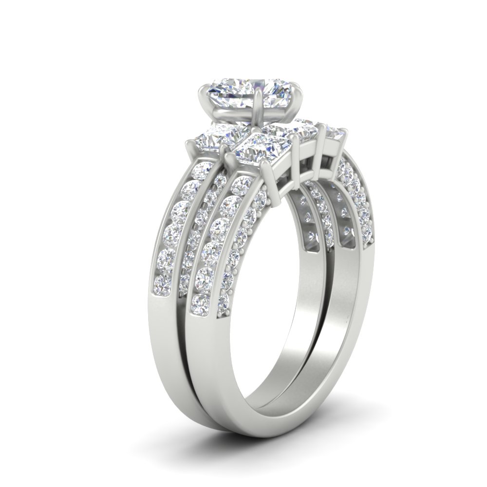 Heart Shaped Pave And Channel Side Stone Wedding Set with White Diamond 14K White Gold