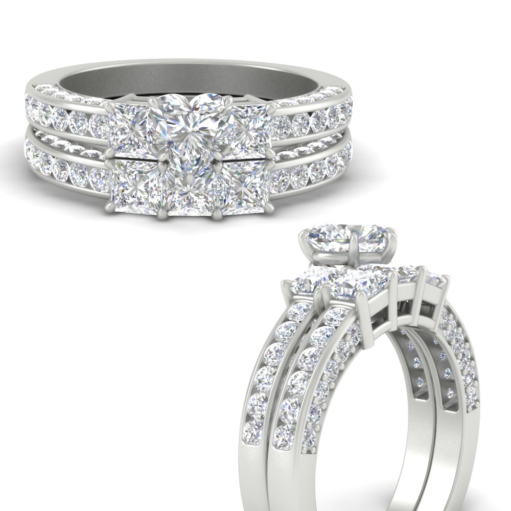 Heart Shaped Pave And Channel Side Stone Wedding Set with White Diamond 14K White Gold