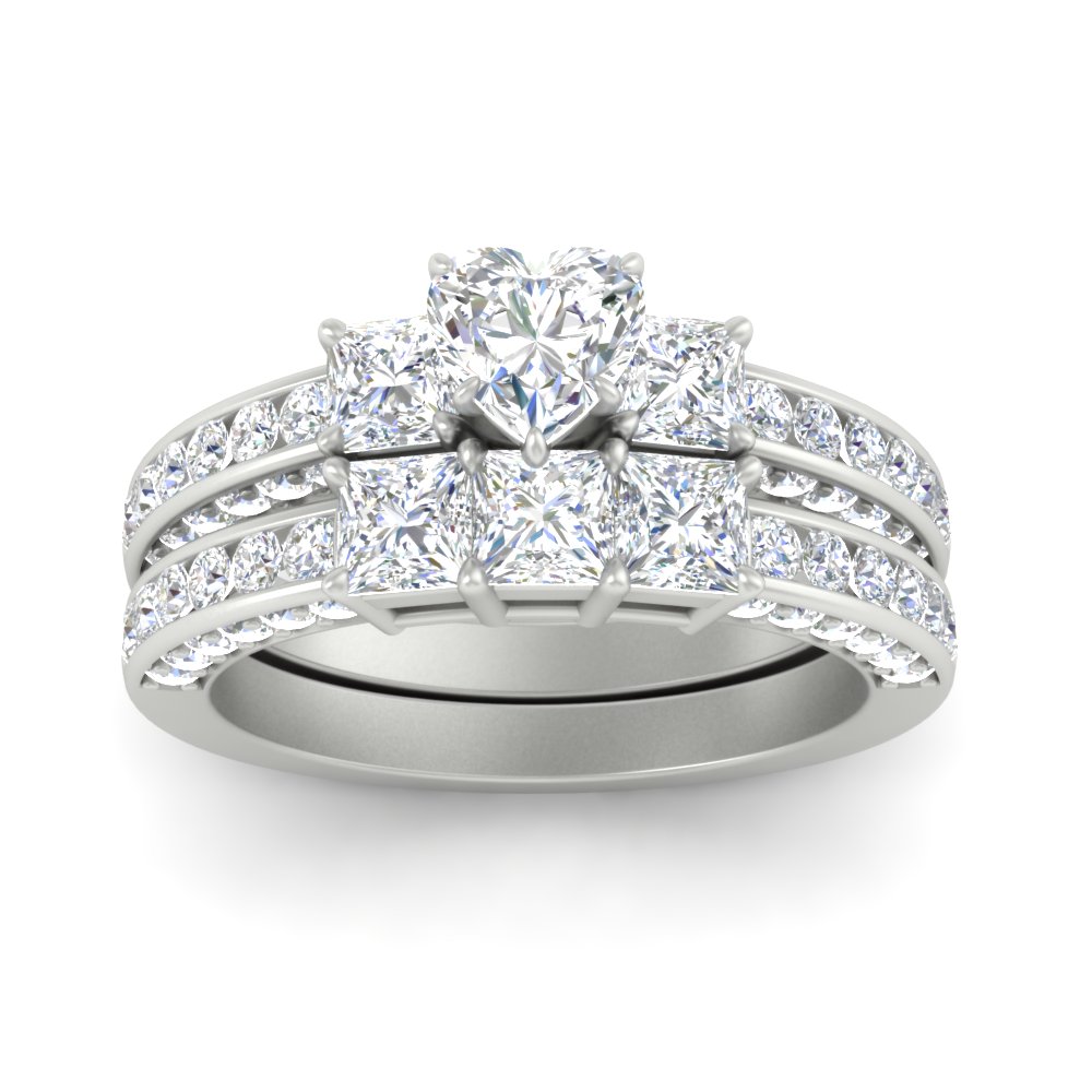 Heart Shaped Pave And Channel Side Stone Wedding Set with White Diamond 14K White Gold