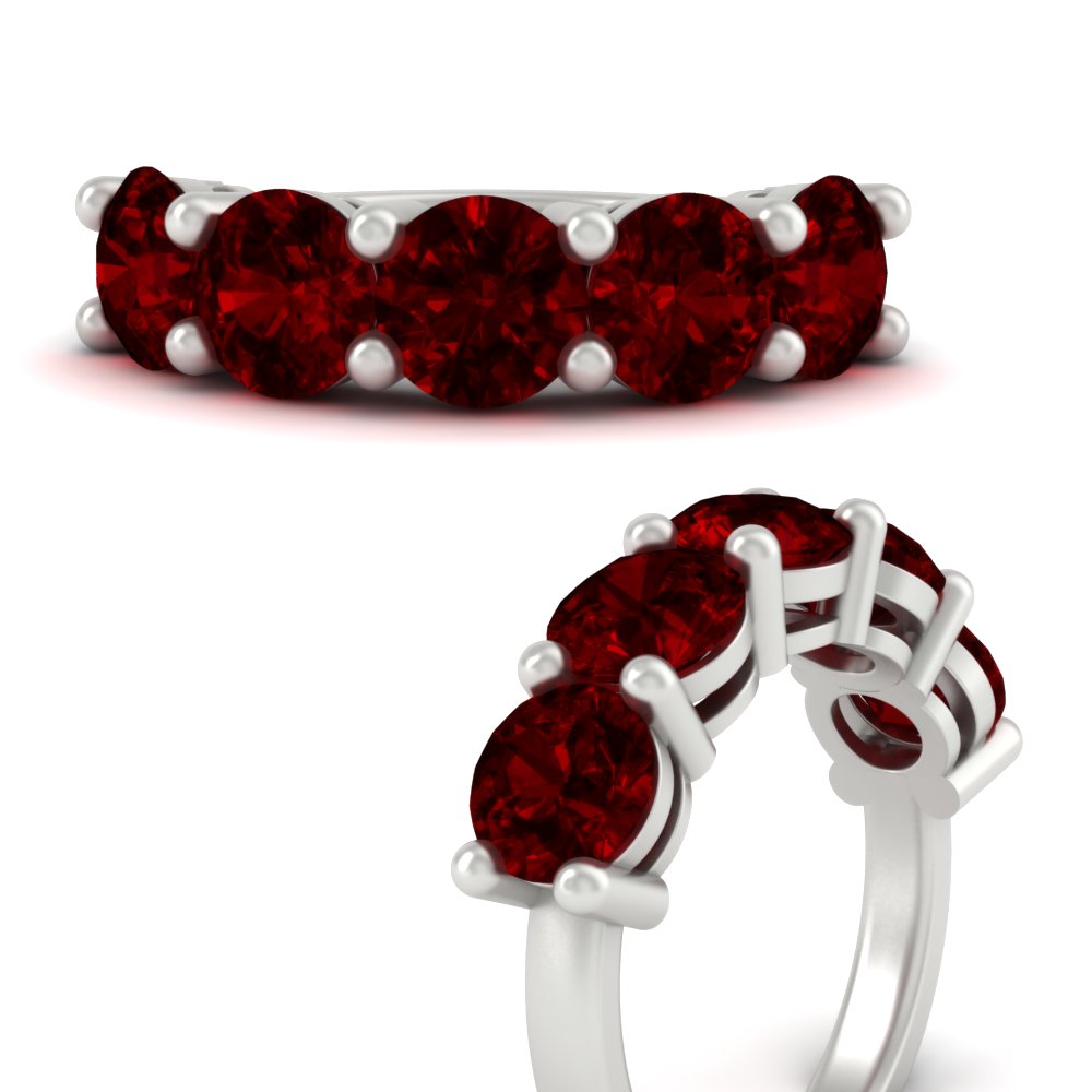 5 Carat Round 5 Stone Colored Anniversary Band with 14K White Gold Red Ruby