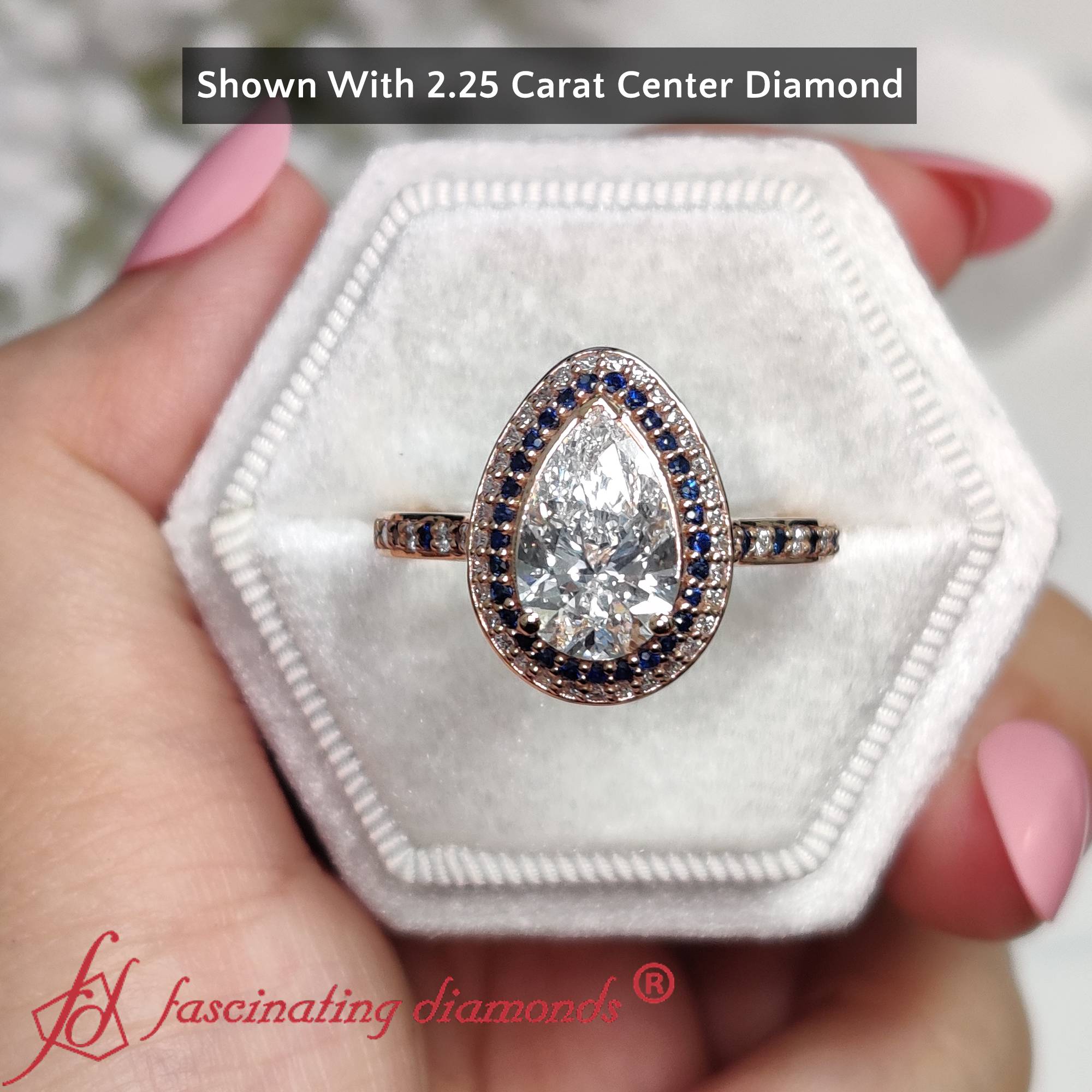 Teardrop Under Halo 3 Carat Lab Diamond Ring with 14K Rose Gold Blue Sapphire