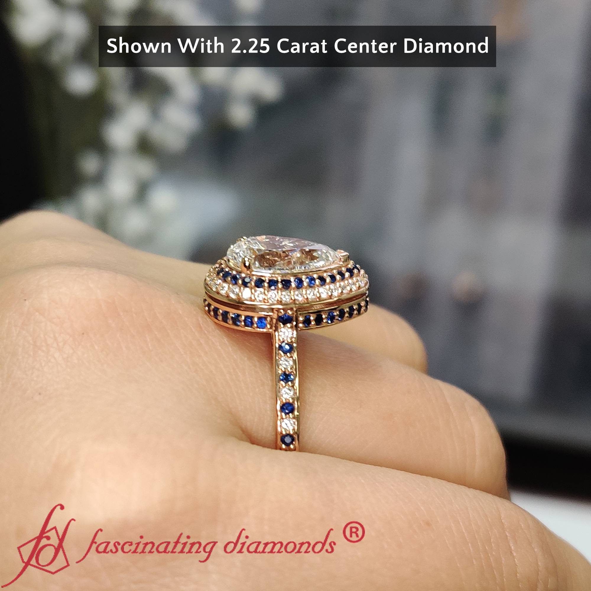 Teardrop Under Halo 3 Carat Lab Diamond Ring with 14K Rose Gold Blue Sapphire