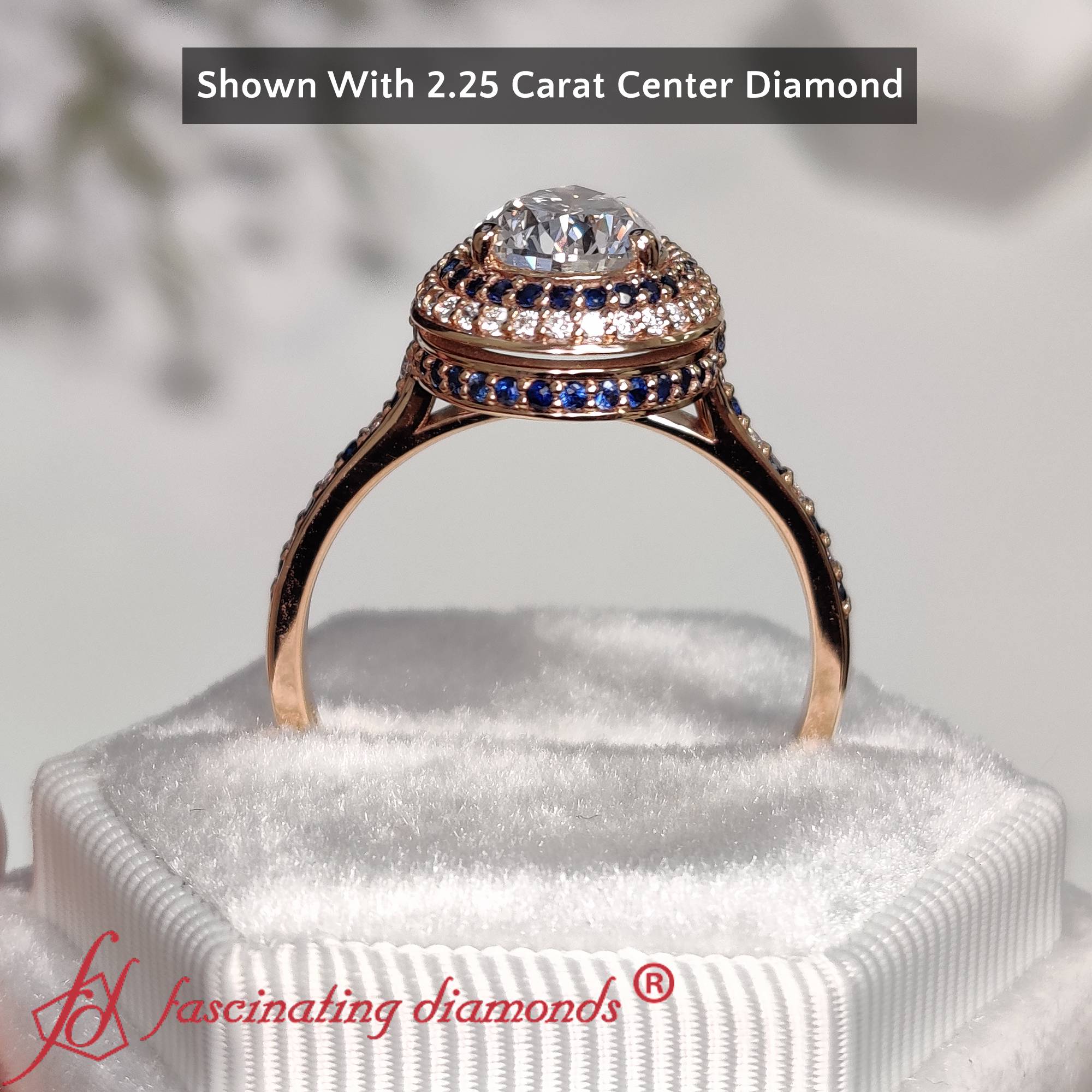 Teardrop Under Halo 3 Carat Lab Diamond Ring with 14K Rose Gold Blue Sapphire