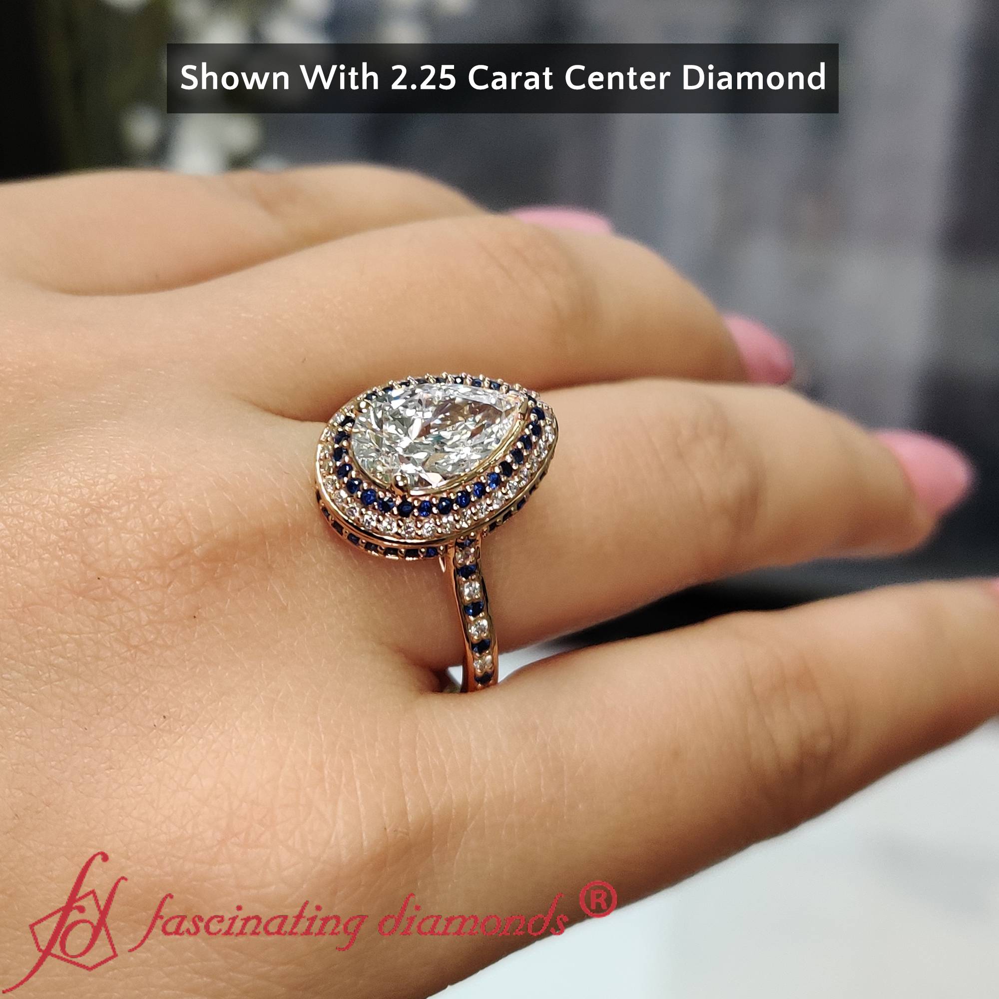 Teardrop Under Halo 3 Carat Lab Diamond Ring with 14K Rose Gold Blue Sapphire