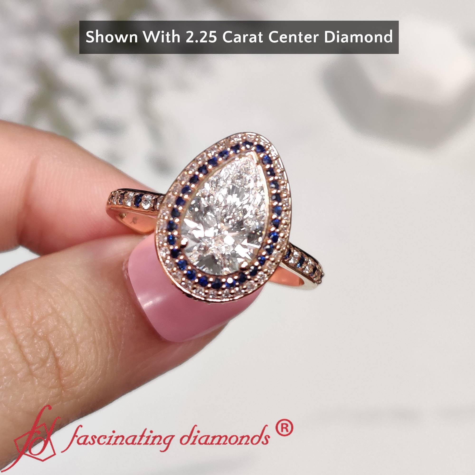 Teardrop Under Halo 3 Carat Lab Diamond Ring with 14K Rose Gold Blue Sapphire