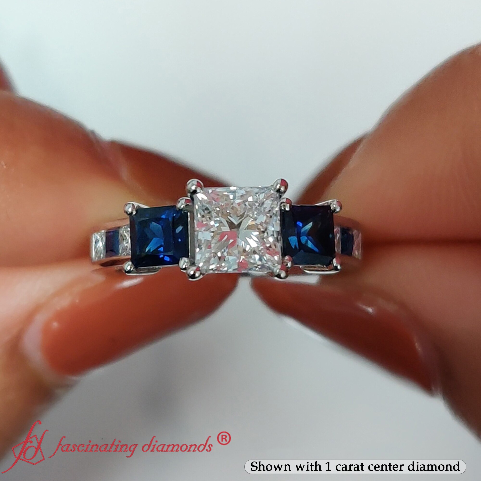 1.75 Carat Princess Cut 3 Stone Diamond Ring with Blue Sapphire in 18K White Gold