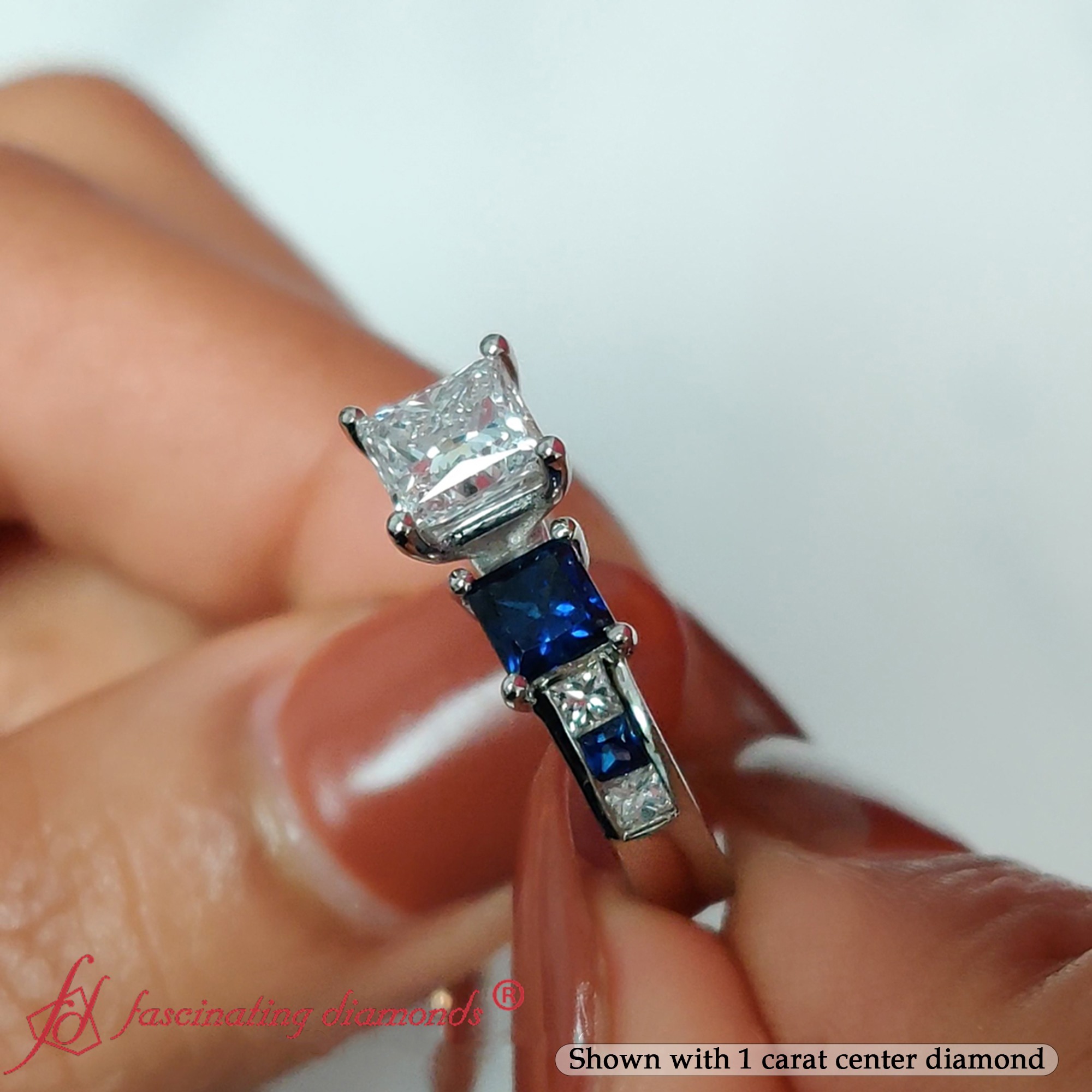 1.75 Carat Princess Cut 3 Stone Diamond Ring with Blue Sapphire in 18K White Gold