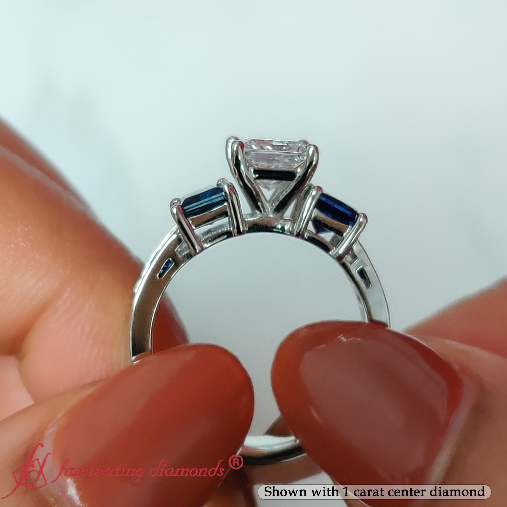 1.75 Carat Princess Cut 3 Stone Diamond Ring with Blue Sapphire in 18K White Gold