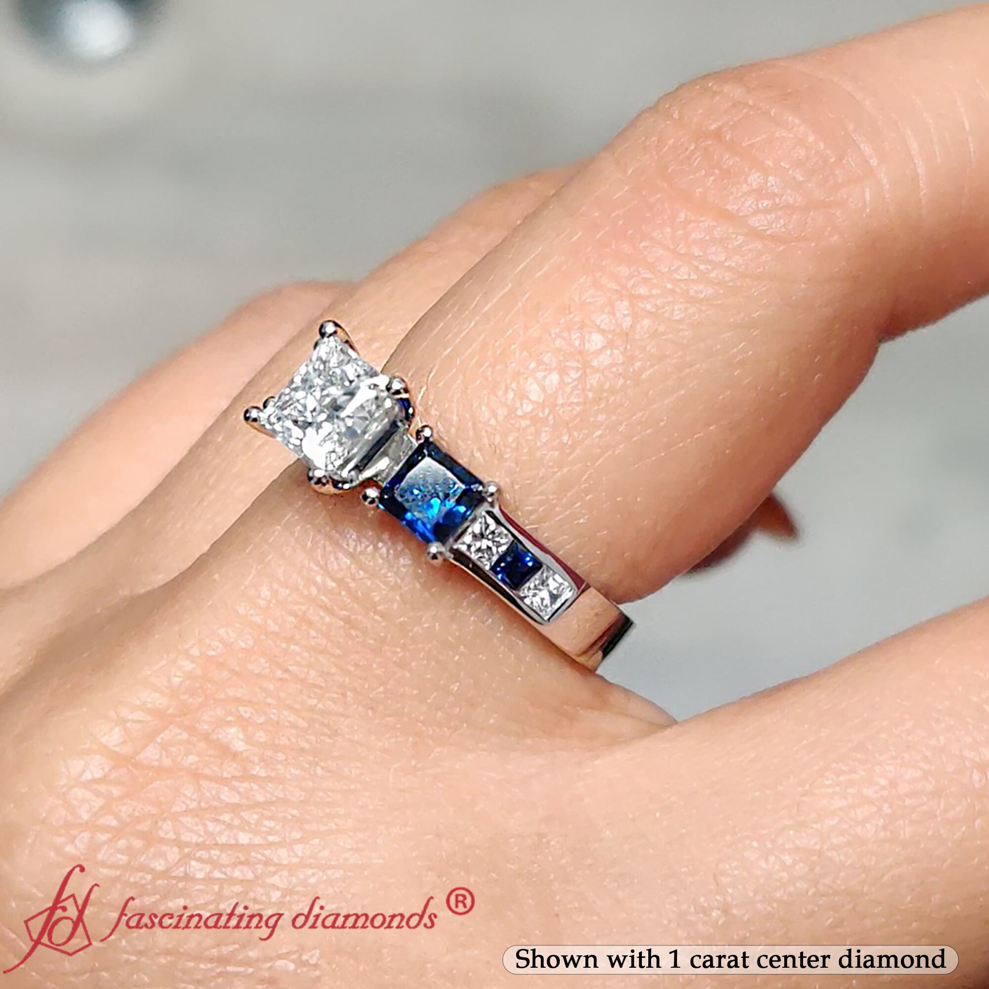 1.75 Carat Princess Cut 3 Stone Diamond Ring with Blue Sapphire in 18K White Gold