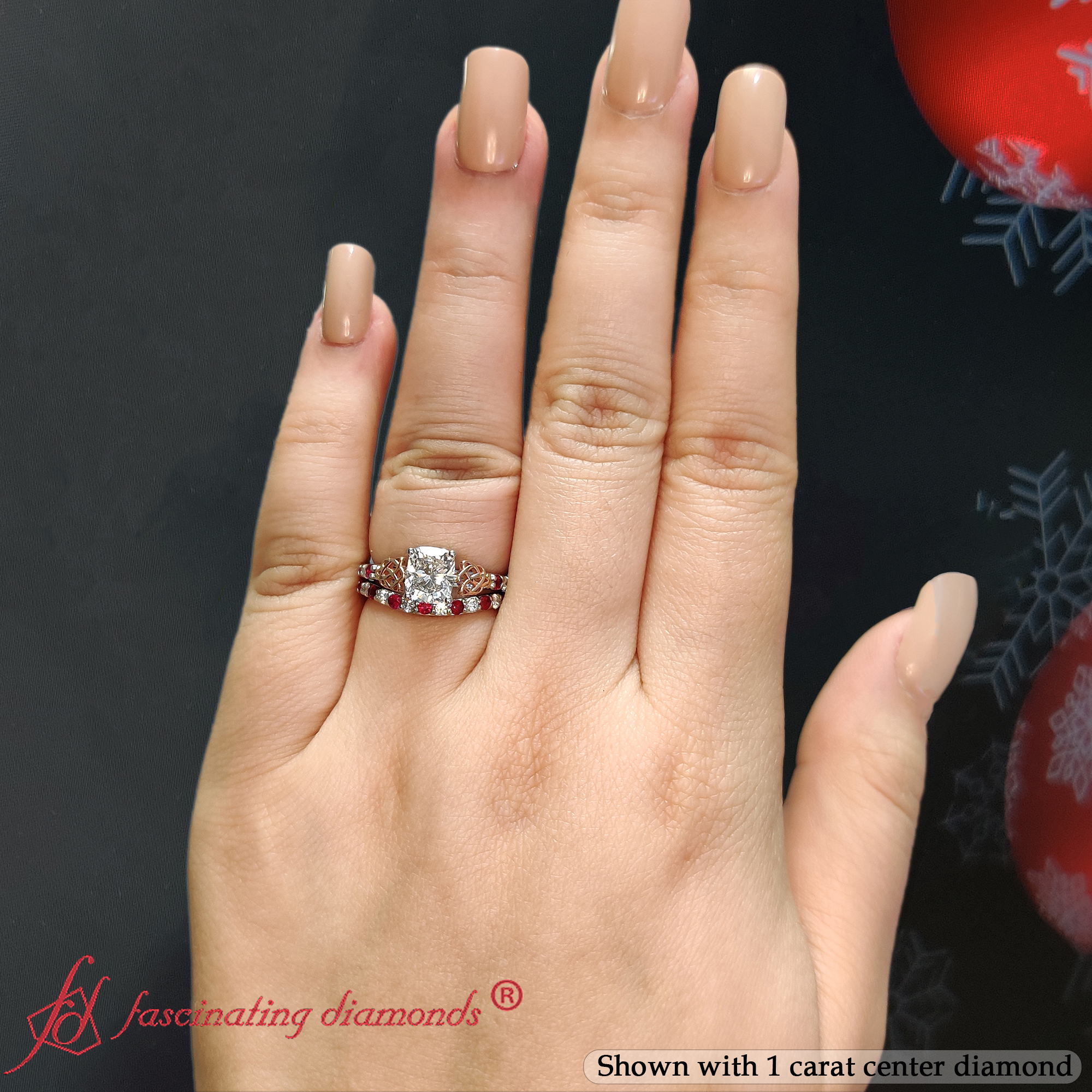 Cushion Shaped Two Tone Celtic Wedding Ring Set with Red Ruby in 950 Platinum