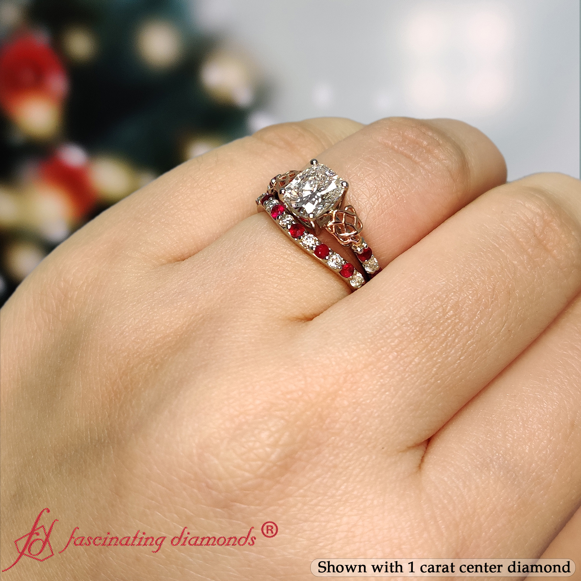 Cushion Shaped Two Tone Celtic Wedding Ring Set with Red Ruby in 950 Platinum