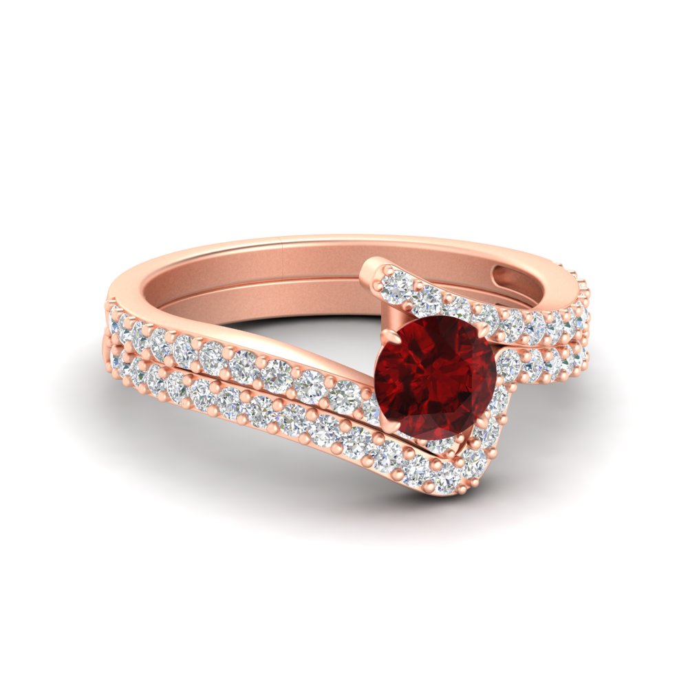 Beautiful Crossover Gemstone Wedding Set with 14K Rose Gold Red Ruby