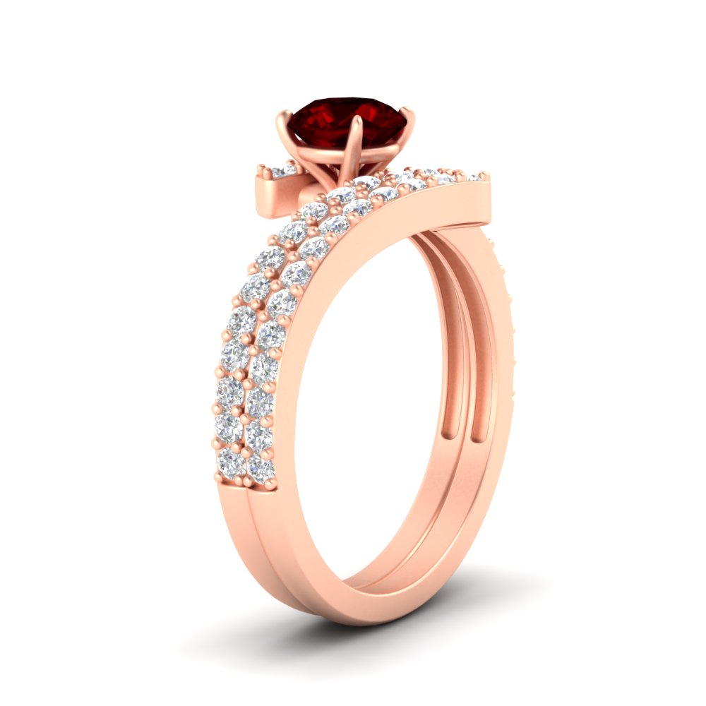 Beautiful Crossover Gemstone Wedding Set with 14K Rose Gold Red Ruby