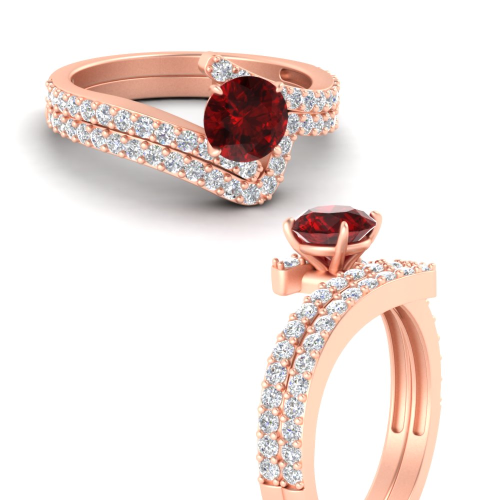 Beautiful Crossover Gemstone Wedding Set with 14K Rose Gold Red Ruby