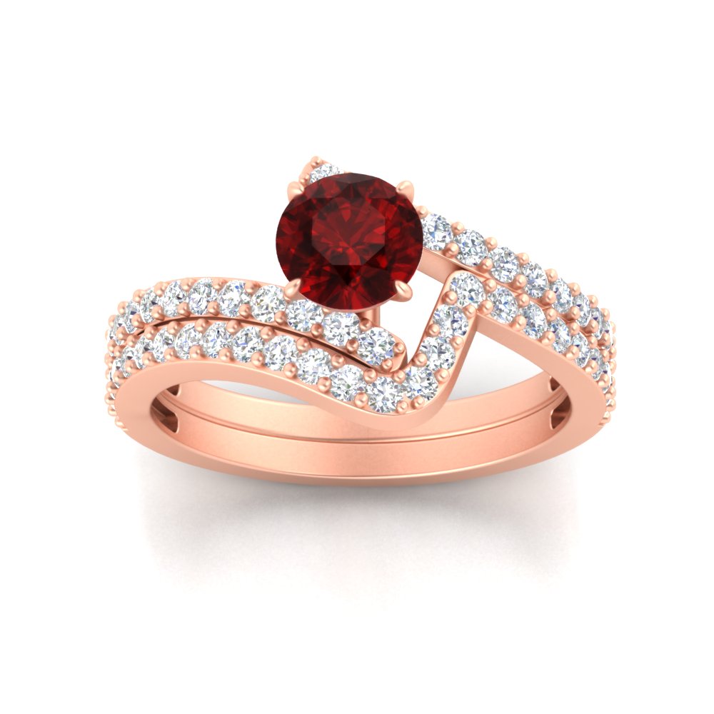 Beautiful Crossover Gemstone Wedding Set with 14K Rose Gold Red Ruby