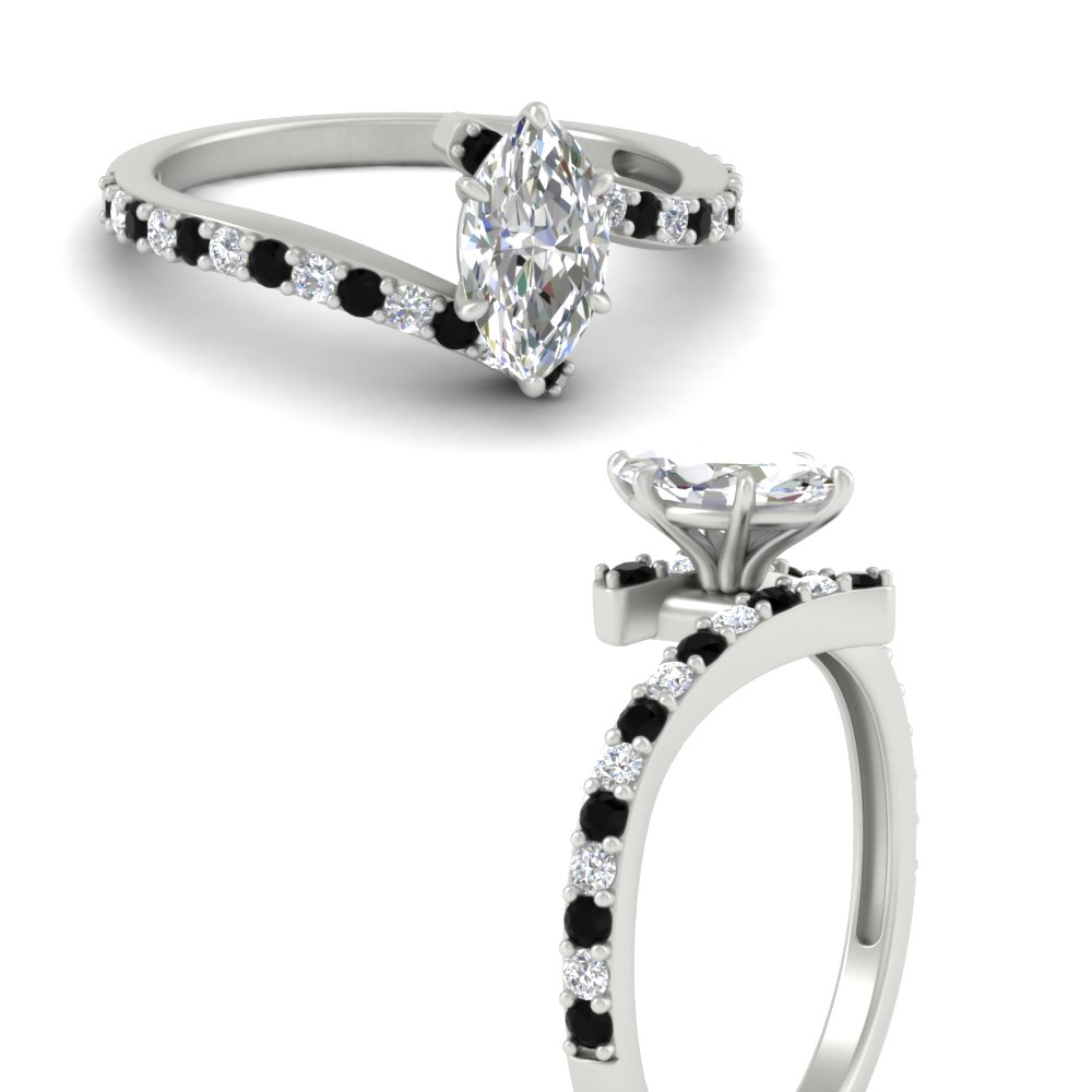 Marquise Shaped Petite Bypass Engagement Ring with Black Diamond in 950 Platinum