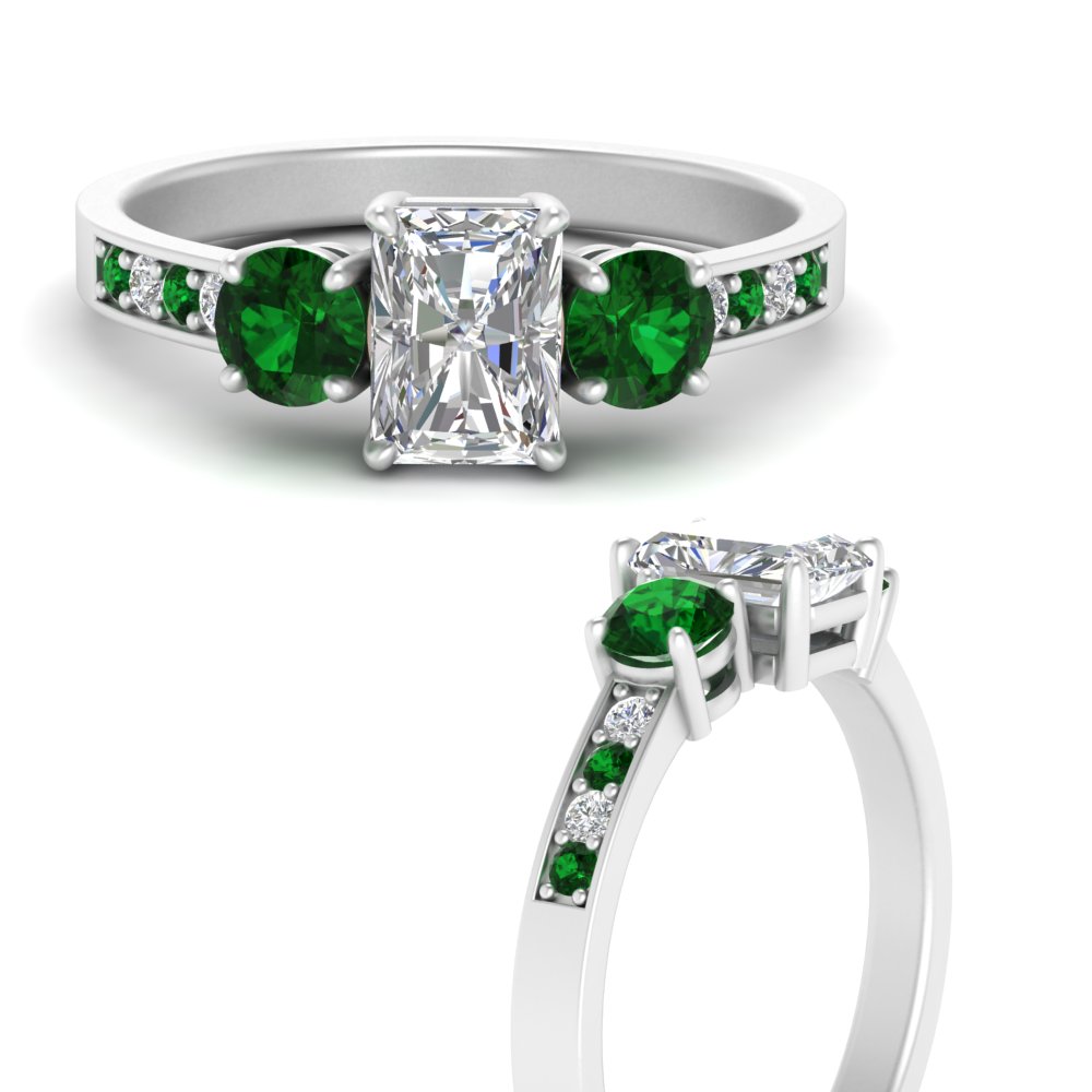 Radiant Cut Pave Basket 3 Stone Emerald Lab Diamond Engagement Ring In