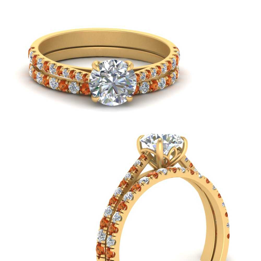 Graduated French Pave Moissanite Wedding Ring Set With Orange Sapphire In 18K Yellow Gold