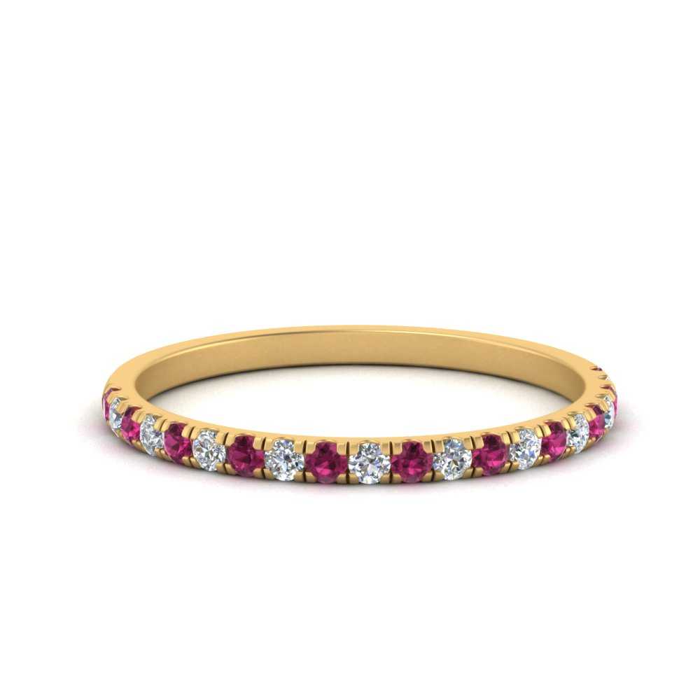 Thin French Prong Diamond Band Ring With Pink Sapphire In 18K Yellow ...