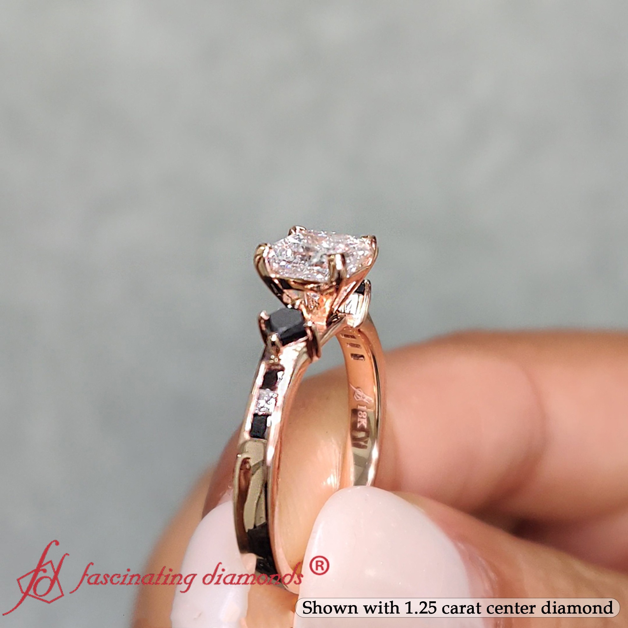 1.75 Carat Princess Cut Kite Setting Diamond Ring with Black Diamond in 18K Rose Gold