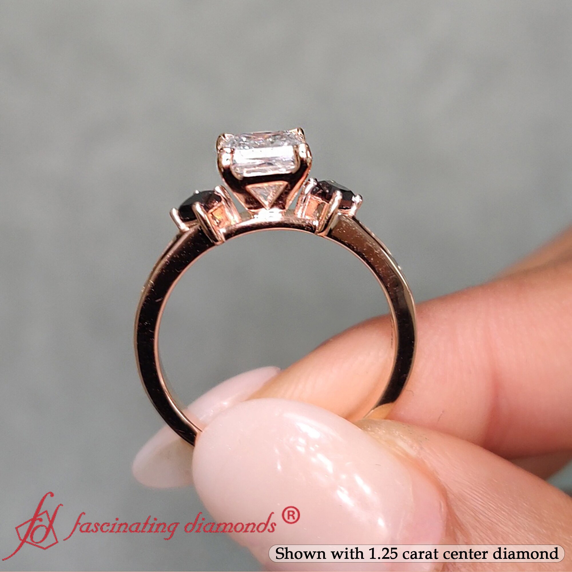 1.75 Carat Princess Cut Kite Setting Diamond Ring with Black Diamond in 18K Rose Gold