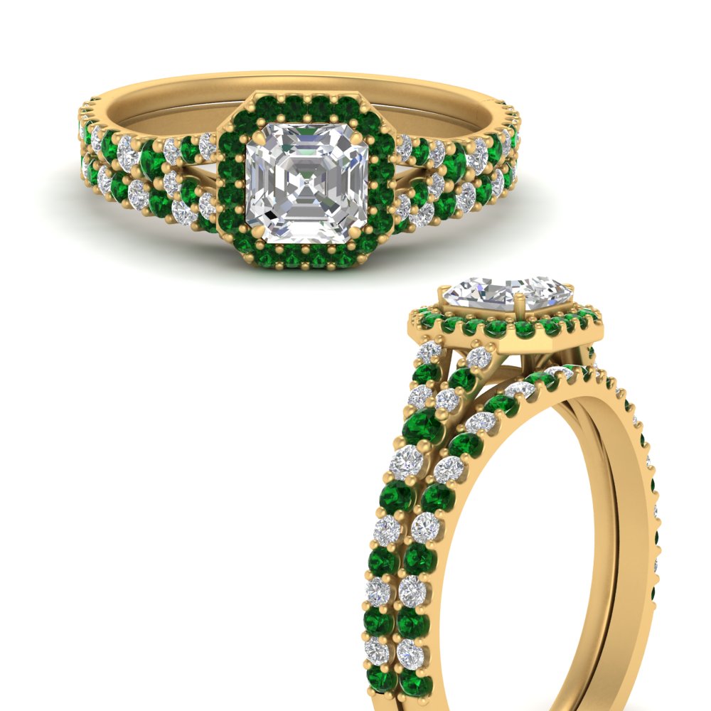Asscher Cut Pave Basket 3 Stone Emerald Engagement Ring In 14K White Gold |  Fascinating Diamonds