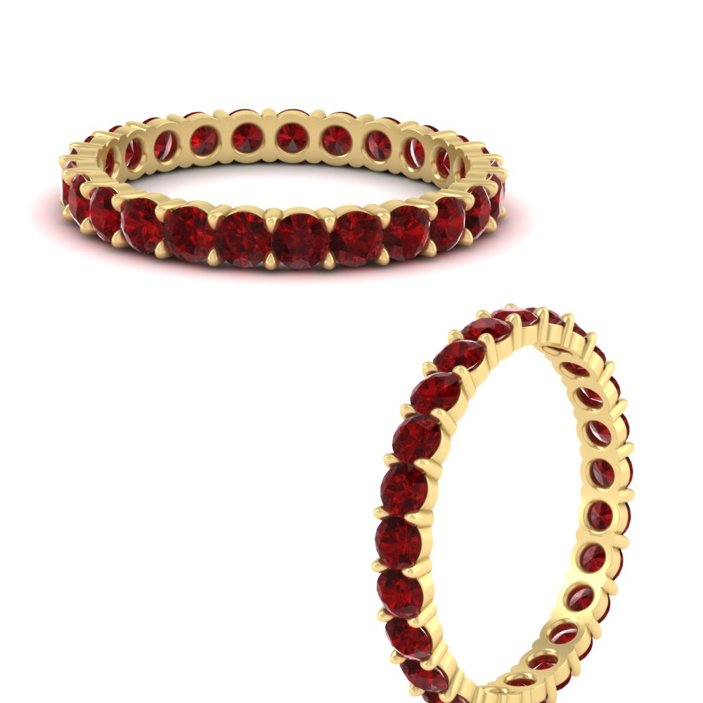 3 Carat Round Diamond Eternity Ring Band with 14K Yellow Gold Red Ruby