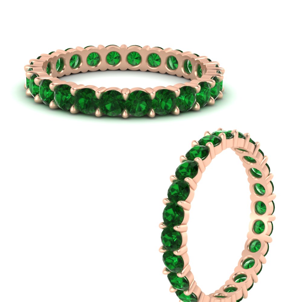 Round Diamond 4 Carat Simple Eternity Band with 14K Rose Gold Green Emerald