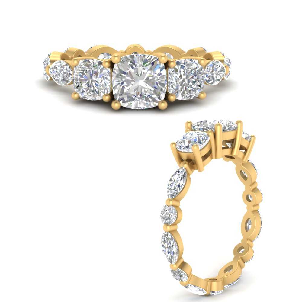 3.80 Carat Basket 3 Stone Lab Diamond Eternity Ring with 14K Yellow Gold White Diamond