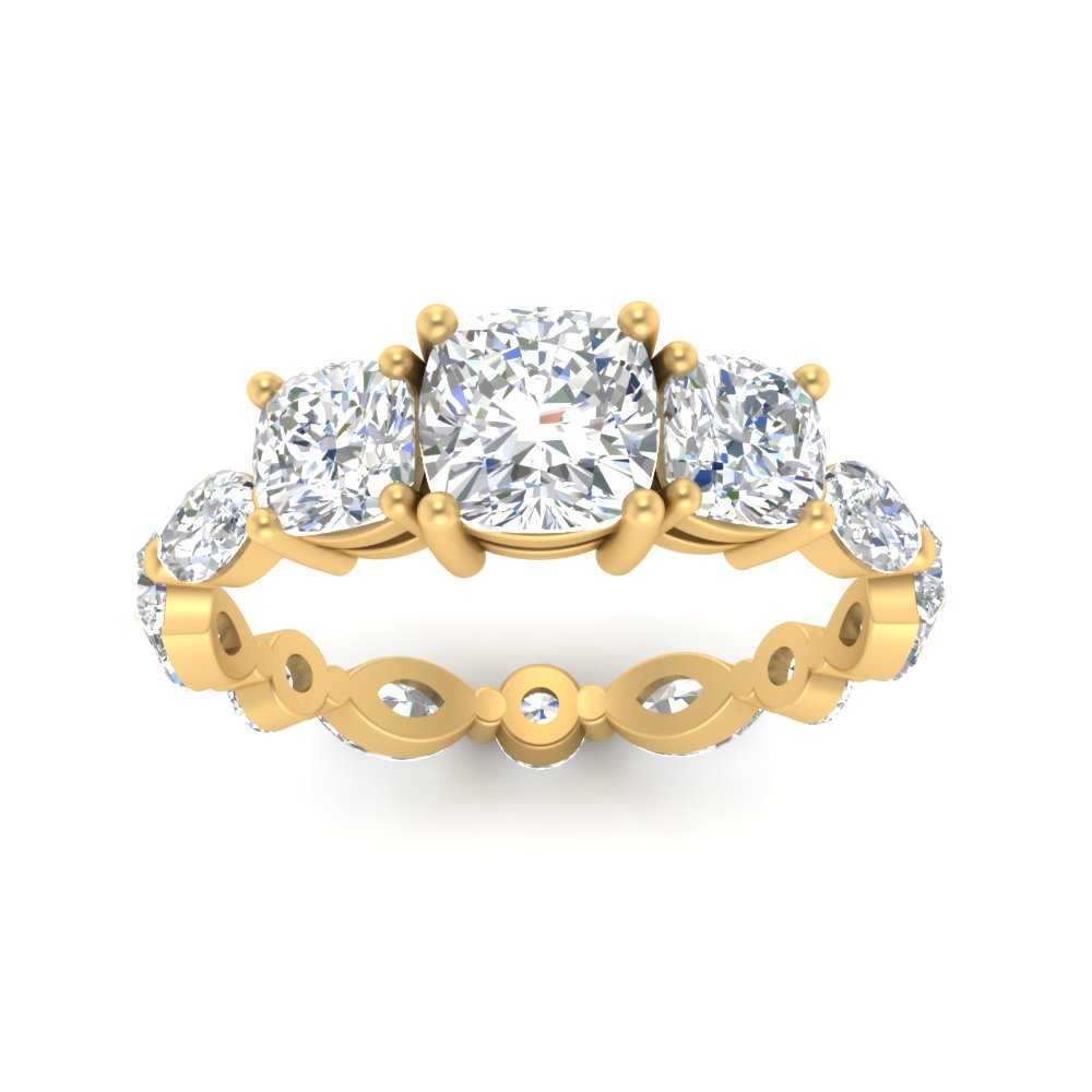 3.80 Carat Basket 3 Stone Lab Diamond Eternity Ring with 14K Yellow Gold White Diamond