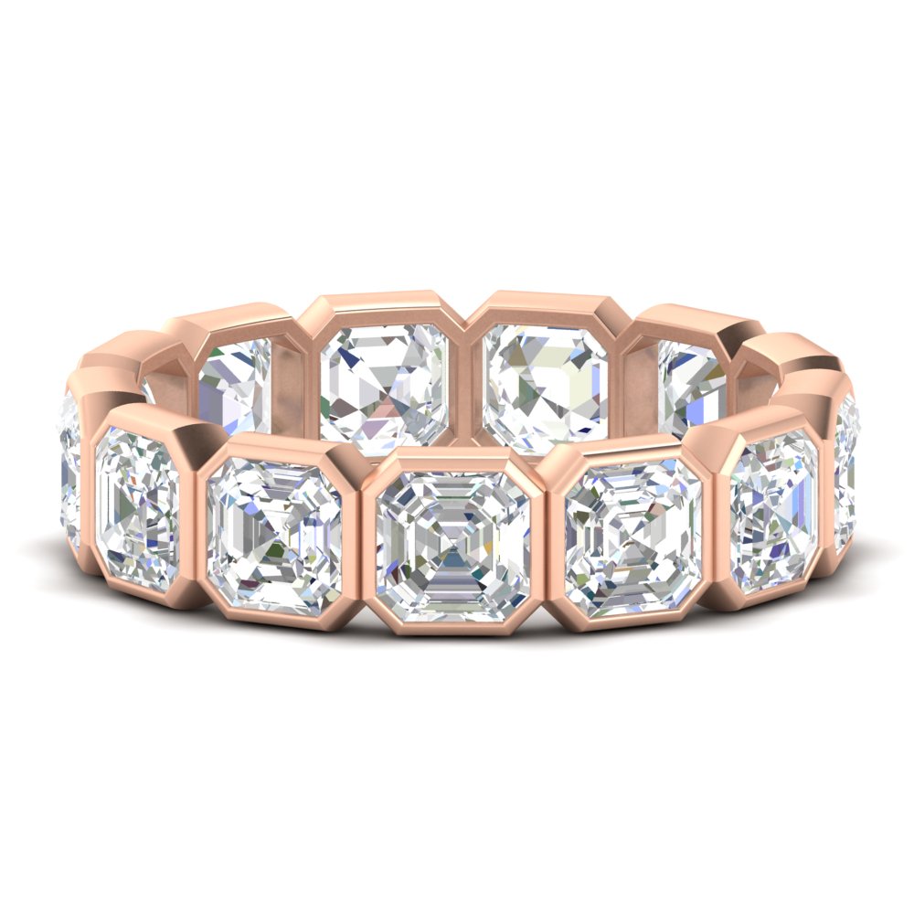 10 Carat Bezel Set Asscher Cut Eternity Band with 14K Rose Gold White Diamond