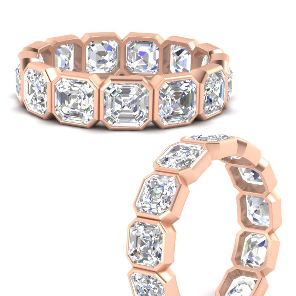 10 Carat Bezel Set Asscher Cut Eternity Band with 14K Rose Gold White Diamond