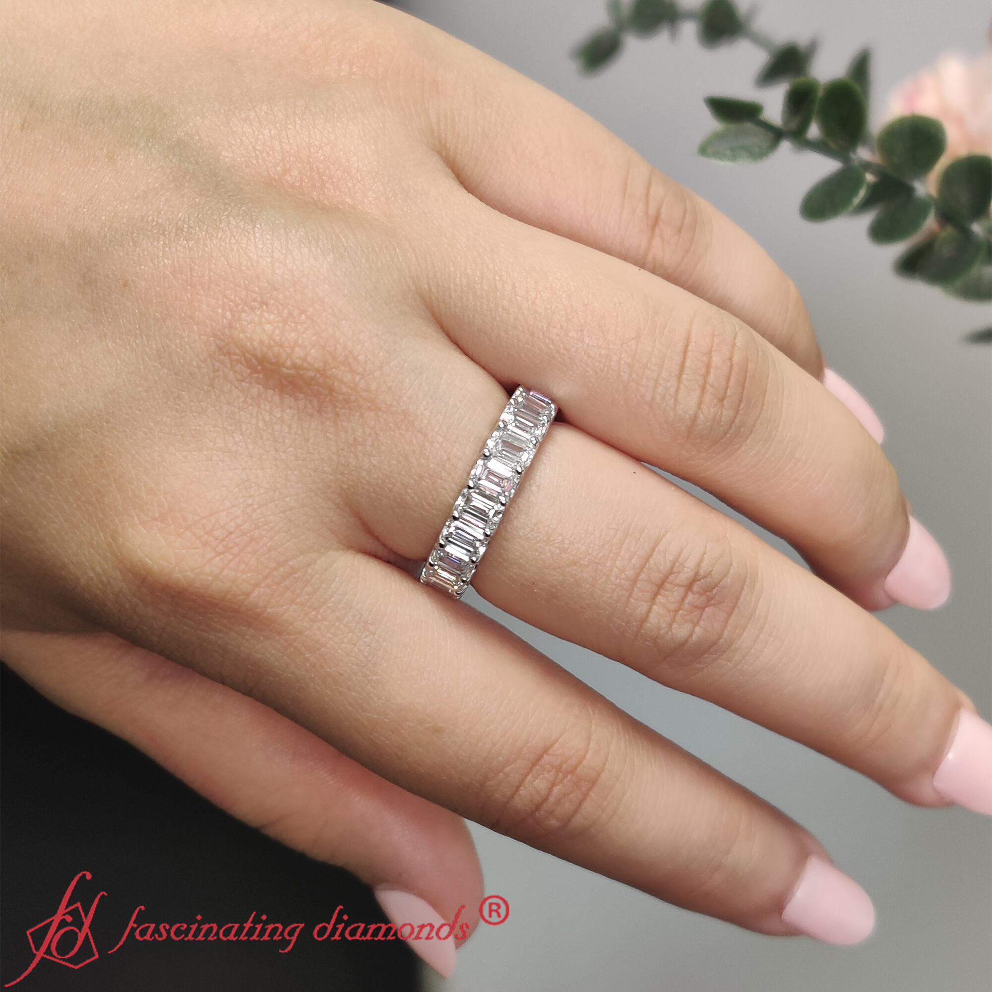 Emerald Cut Diamond Eternity Band 4 Carat with 14K White Gold White Diamond