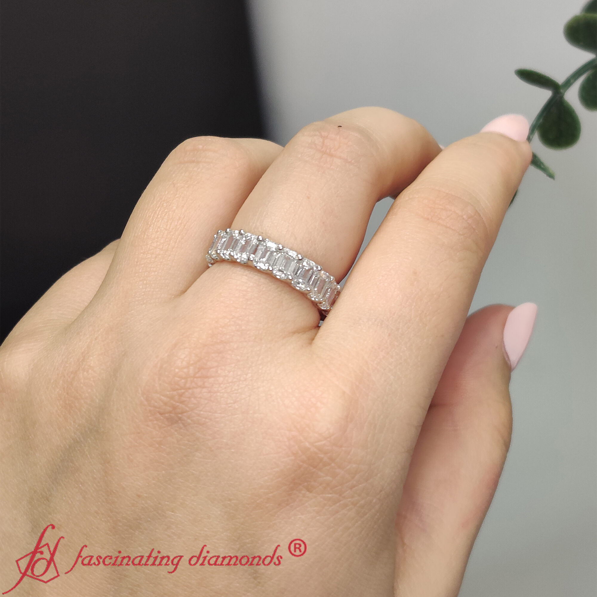Emerald Cut Diamond Eternity Band 4 Carat with 14K White Gold White Diamond