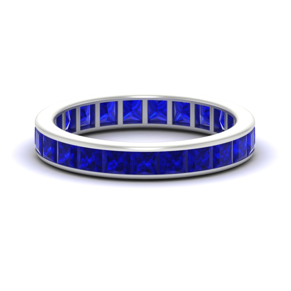 Channel Set 5 Carat Princess Cut Band Ring with 14K White Gold Blue Sapphire