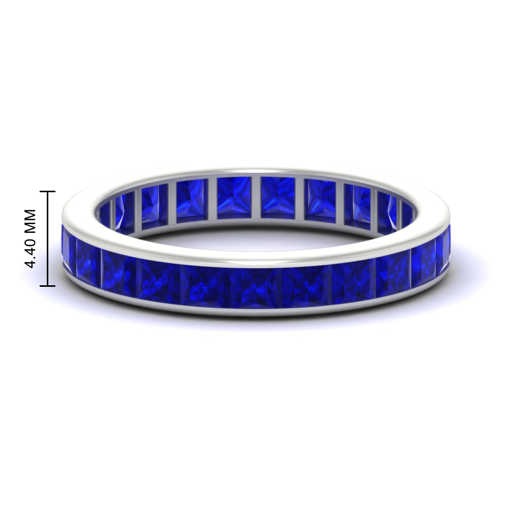 Channel Set 5 Carat Princess Cut Band Ring with 14K White Gold Blue Sapphire