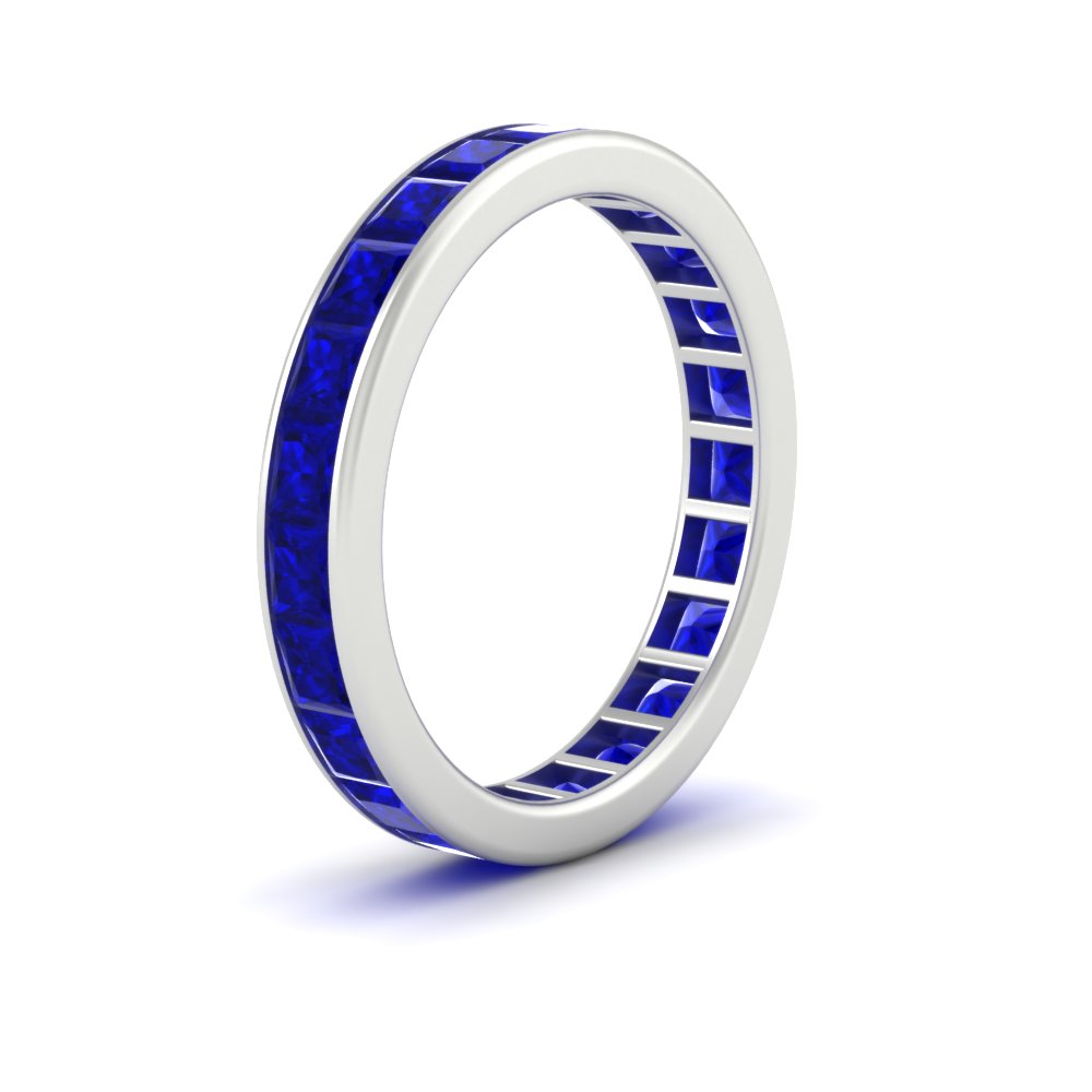 Channel Set 5 Carat Princess Cut Band Ring with 14K White Gold Blue Sapphire