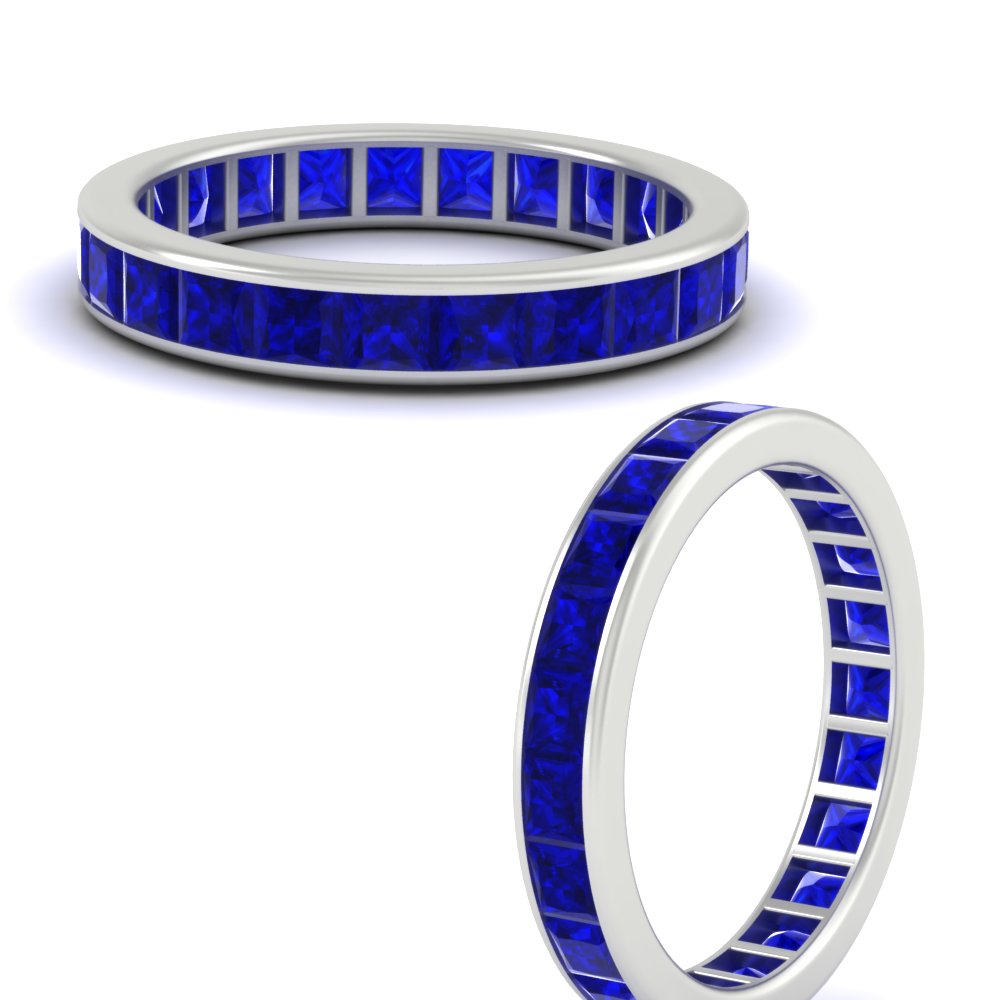 Channel Set 5 Carat Princess Cut Band Ring with 14K White Gold Blue Sapphire