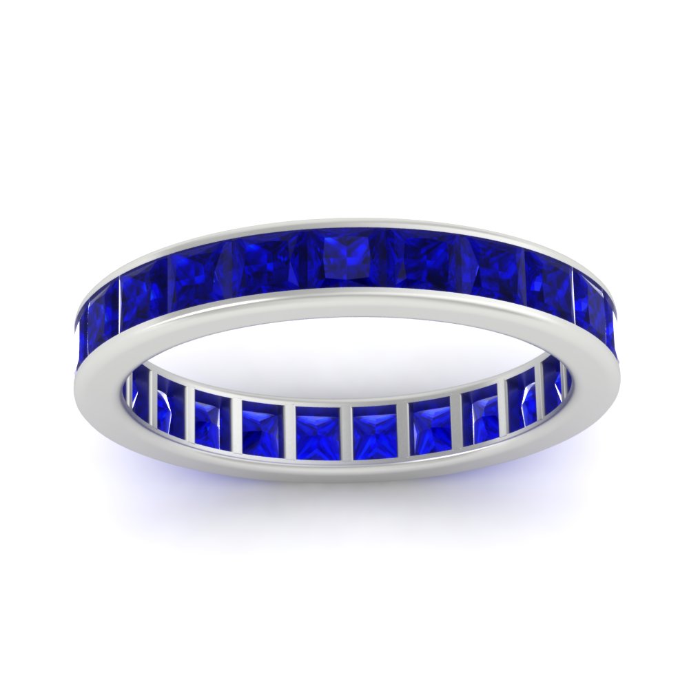 Channel Set 5 Carat Princess Cut Band Ring with 14K White Gold Blue Sapphire