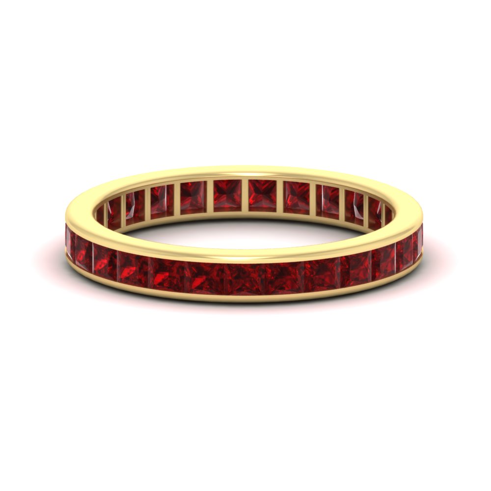 Princess Cut 3 Carat Colored Eternity Band Ring with 14K Yellow Gold Red Ruby
