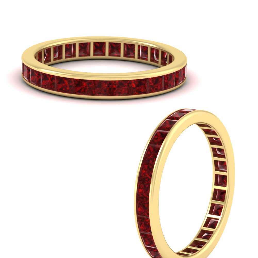 Princess Cut 3 Carat Colored Eternity Band Ring with 14K Yellow Gold Red Ruby