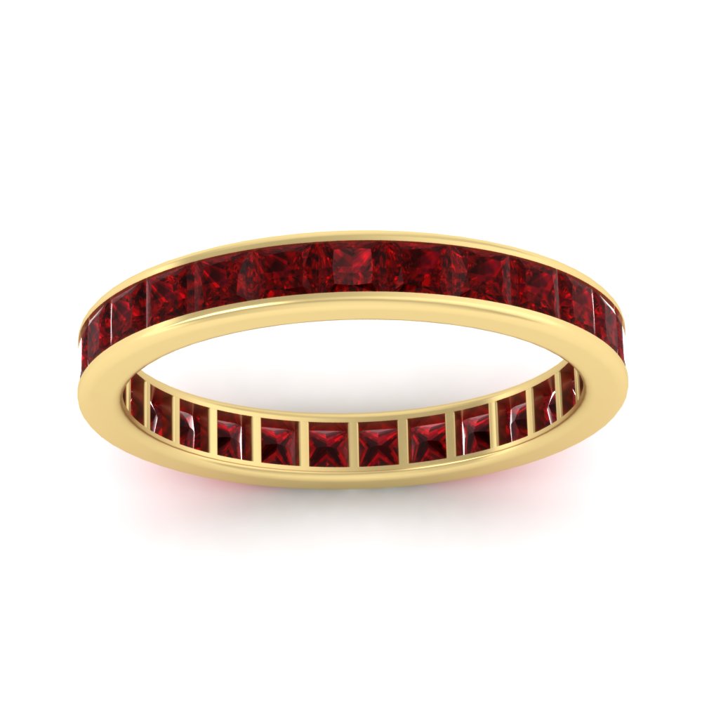 Princess Cut 3 Carat Colored Eternity Band Ring with 14K Yellow Gold Red Ruby