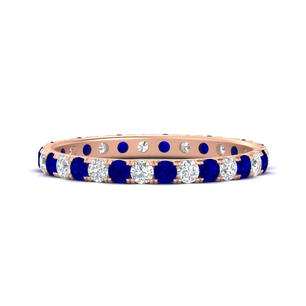 0.75 Ct. Round Eternity Wedding Band with 18K Rose Gold Blue Sapphire